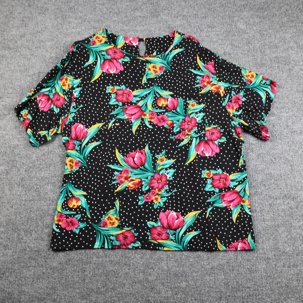 Vintage Sag Harbor Shirt Womens Petite Medium Black Floral Blouse Made USA 90s